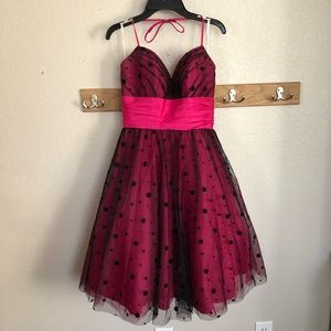 Dreamy pink formal dress with black polka-dots